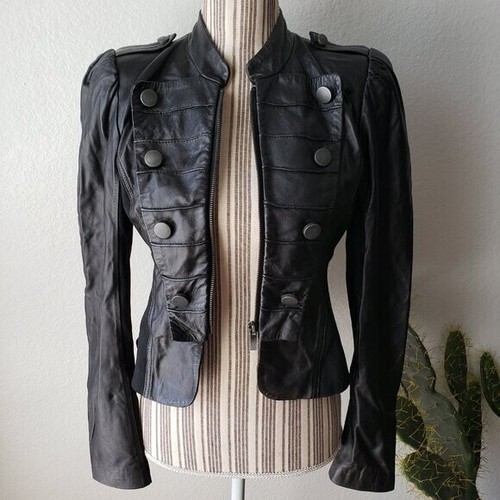BeBe 100% Leather Jacket Military Biker Black Puff Sleeve size S Goth Victorian - Picture 4 of 16