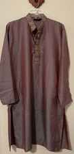 Comfort Wear Kurta XL Embroidered Long Red  Blue Cultural India Outfit M1242