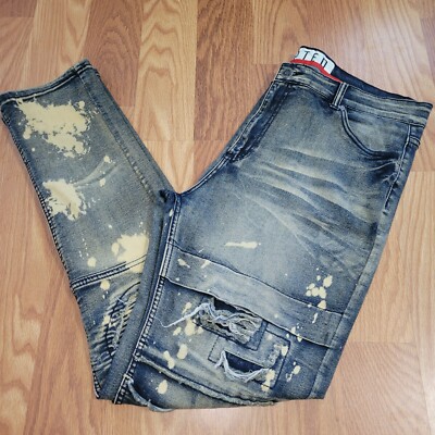 Encrypted Jeans Blue Acid Wash Skinny Stacked Distressed Denim Size 38X32