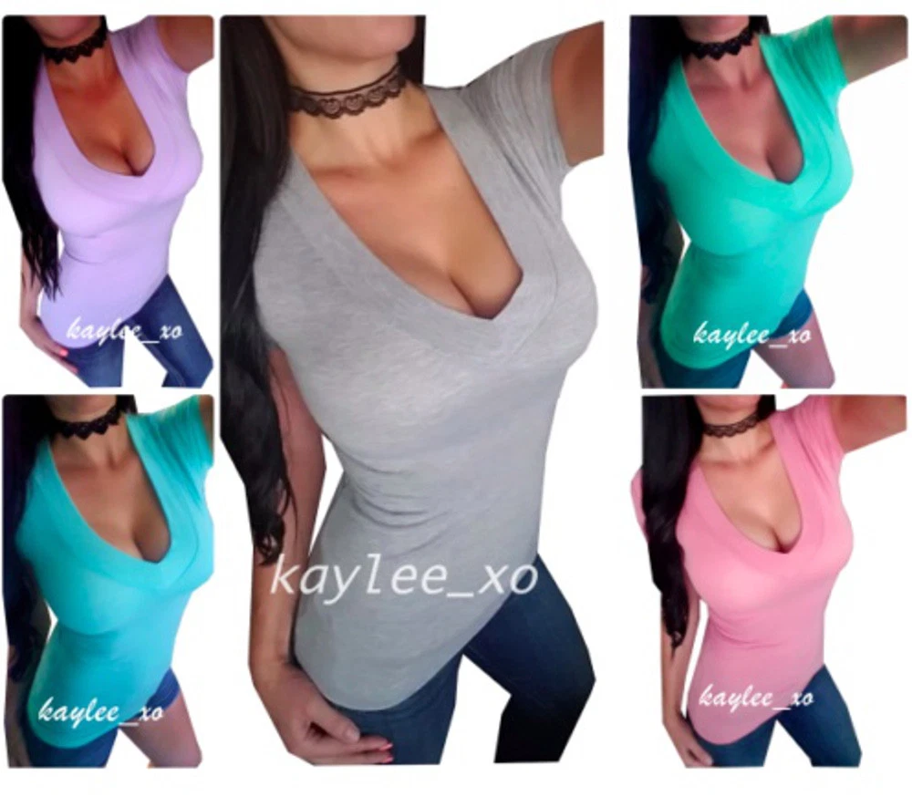 Women's Fuchsia Plus Size Low-Cut Cleavage V Neck Wide Band Tee Shirt Top  1x2x3x