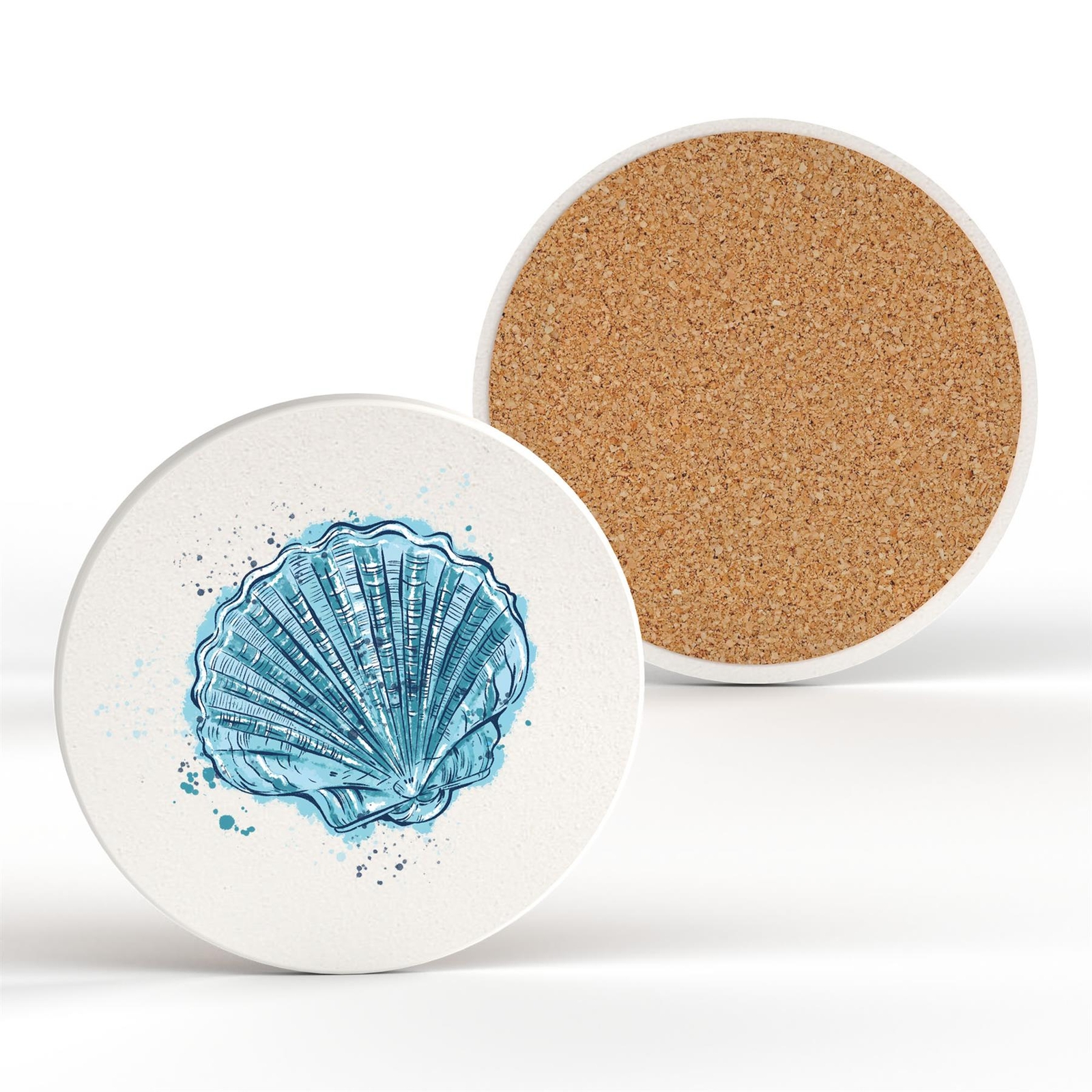 WATERCOLOUR SEA SHELL SHORELINE BLUE CERAMIC ROUND COASTER