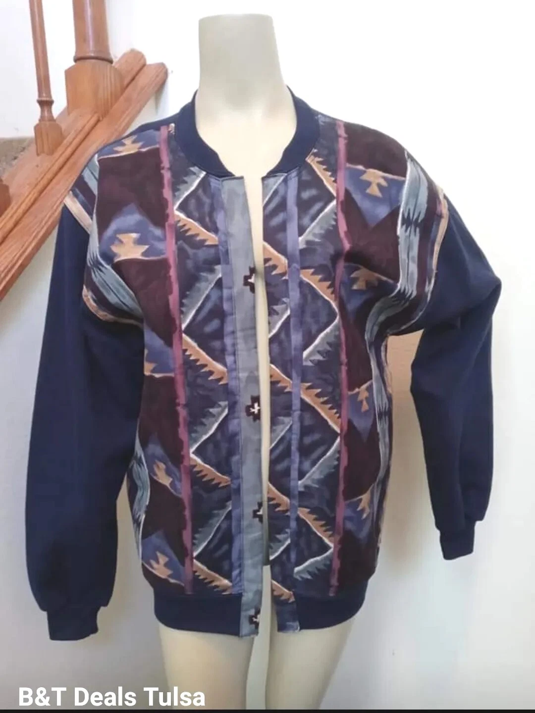 VETEMENTS Felpa marina fatta a mano OOAK giacca aperta davanti tessuto sud ovest azteco busto 37"