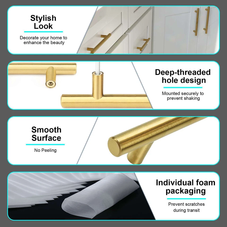 Manijas de gabinete de cocina de acero inoxidable de grado 304 dorado cepillado perillas cajón Foto 4 de 4