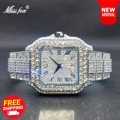 MISSFOX Mens Fully Ice Out Silver Diamond Watch Hip Hop Luxury 