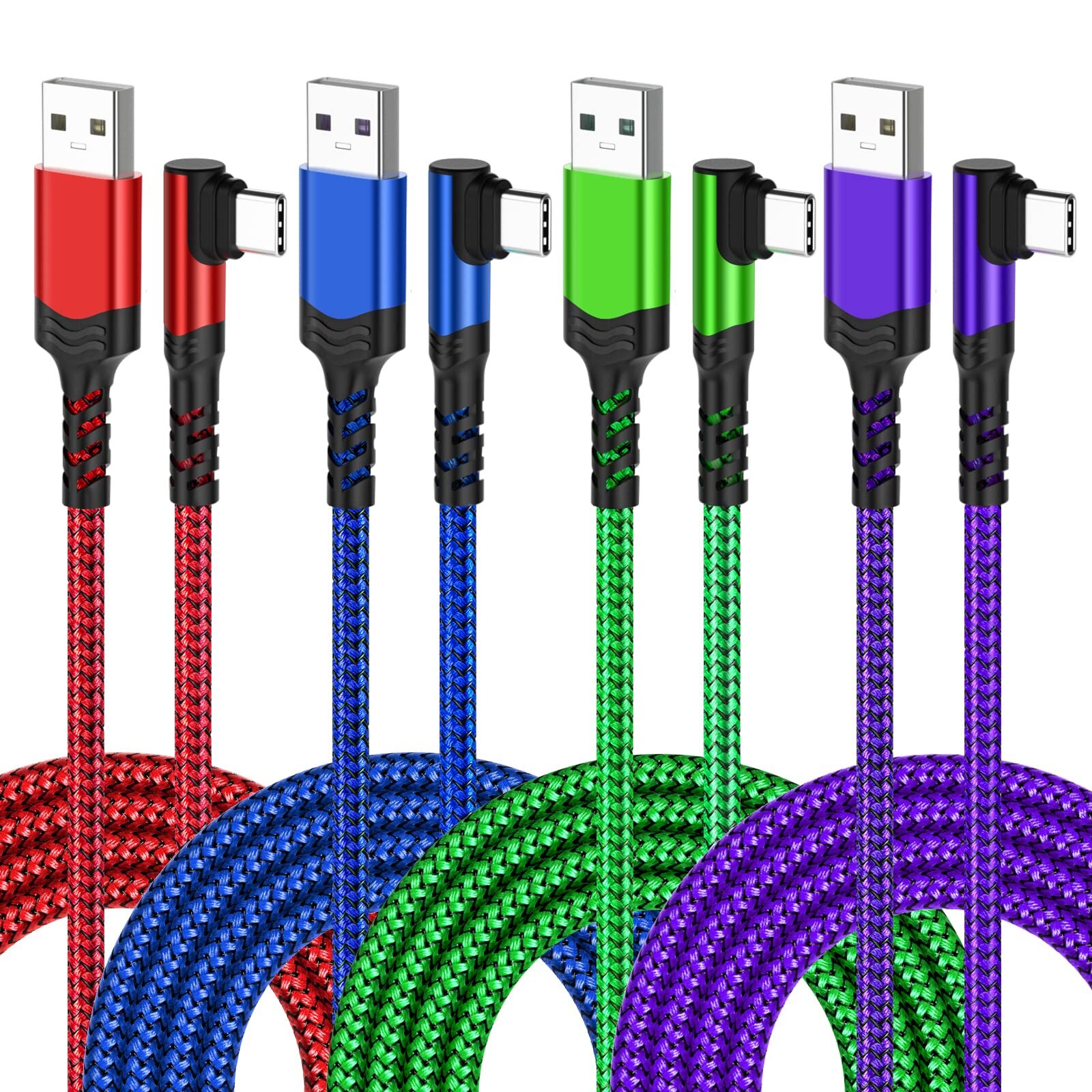 10ft Braided USB-A to USB-C 90-Degree Cable 4-Pack Fast Charging Durable