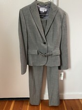 NWT CALVIN KLEIN Gray Pant Suit Sz 8 Business Career Women's Belted Lined 180