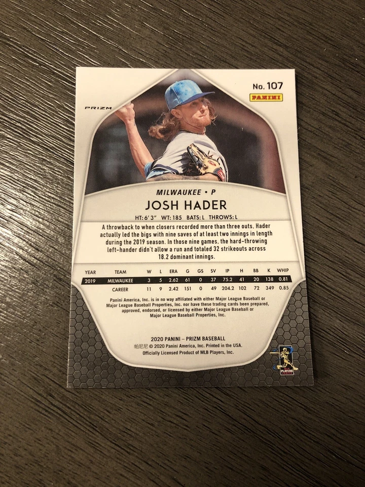 2020 Panini Prizm-Teal Wave Refractor-Josh Hader #107-Mint - Image 2 of 2