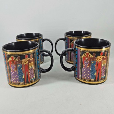 Vintage Laurel Burch Tribal Spirit Black Coffee Mug Cup set of 4 1988