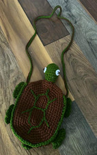 Handmade Crochet Turtle Crossbody Bag Green/Brown Magnetic Closure, Silver HW