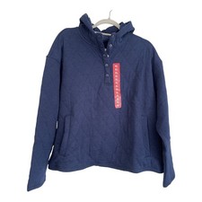 Lands End Womens Quilted Pullover Hoodie Navy Blue Snap Neck Sweatshirt XL 16-18