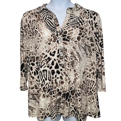 Macy's ALFANI Womens Animal Print Liquid Knit Button Up Top Sz 3X Stretchy Boho
