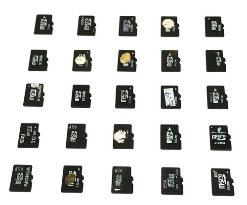 25 USED MICRO SD CARDS, ASSORTED BRANDS, 512MB