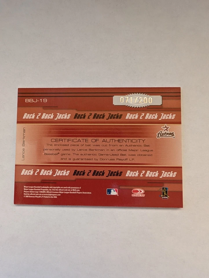 2005 Donruss Elite Back 2 Back Jacks /200 Lance Berkman #BBJ-19 - Image 2 of 2