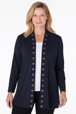 Susan Graver Liquid Knit Cardigan Open Front Grommet Detail Black Stretch Small