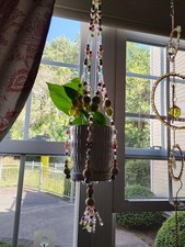 BOHO Plant Hanger Handmade Glass, Pearl  Wood Bead  Beautiful Sun Catcher 32"