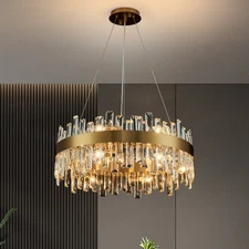 Modern K9 Crystal Chandelier Gold Dimmable Pendant Light Fixture for Living Room