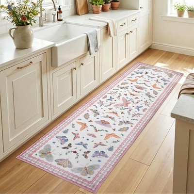 Bleum Cade Pink Butterfly Insect Hallway Runner Rug 2 X 7.3 Washable Pile