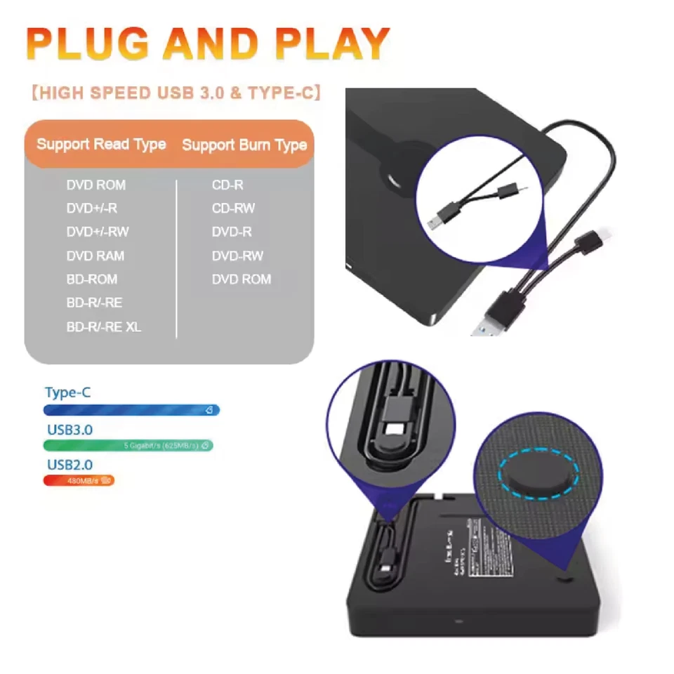 Lecteur Blu-ray USB 3.0 Externe – Graveur CD/DVD, Lecture BD 3D, Win/Mac - Immagine 2 di 4