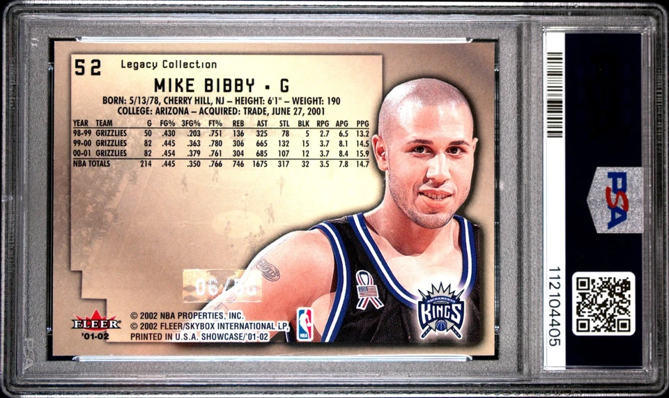 Fleer Showcase Legacy Collection 2001 #52 Mike Bibby Kings #/50 PSA 9 como nuevo Pop 1 Foto 2 de 2