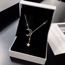 Glided Grace Gold Tone Moon & Star Y-Drop Charm Pendant Cable Chain Necklace