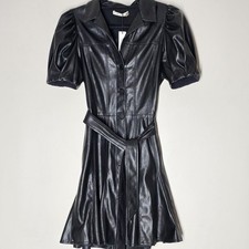 Alice + Olivia Vegan Faux Leather Puff Sleeve Waist Tie Button Down Dress Sz 4