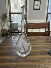 Etched Glass Decanter With Glass Stopper 15 Inches Tall Grave Vine Pattern