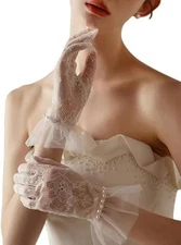 Short Lace Mesh Gloves Tulle Border with Pearls Wedding Opera Tea Party Gloves f