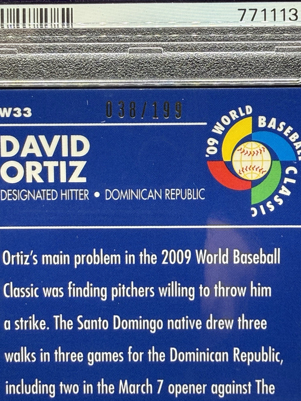 2009 Topps Chrome  WBC David Ortiz #W33 Blue Refractor 38/199 PSA 9 POP 1  view 3