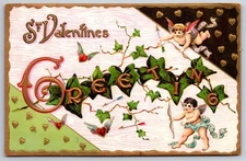Valentine~Large Letter Gold Greeting On Ivy~Cupids Shoot Arrows At Winged Hearts