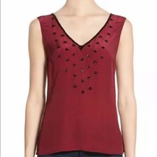 Plenty By Tracy Reese Double V Neck Beaded Burgundy Top