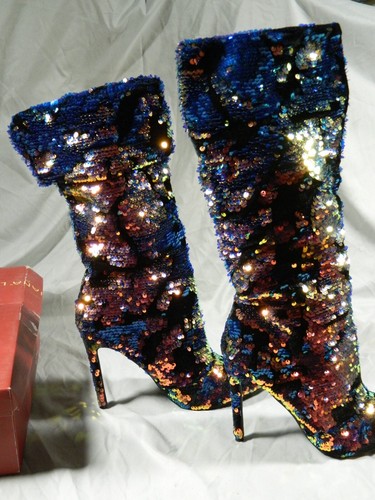 Liliana Xaya 19C Green Hologram Sequins High Heel Above Ankle Boots Sz 9 - Picture 12 of 17