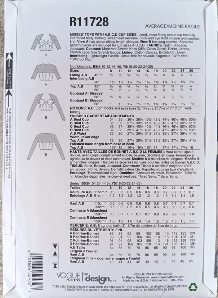 Vogue R11728 Loose Fitting Corset Top A,B,C,D Cup Size B5 8-10-12-14-16 - Image 3 of 3