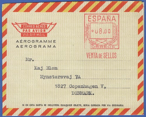 SPAIN 1970 8 Pta used Aerogramme, sent to Denmark, Michel LF71, Cat. 100 Euros