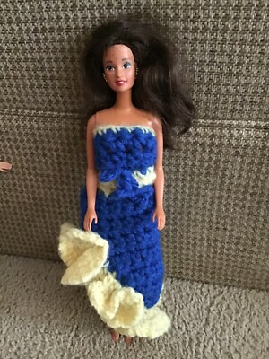 Barbie Dol Dress Hand Knitted Royal Blue and Pale Yellow Color Dancing Style Ruf