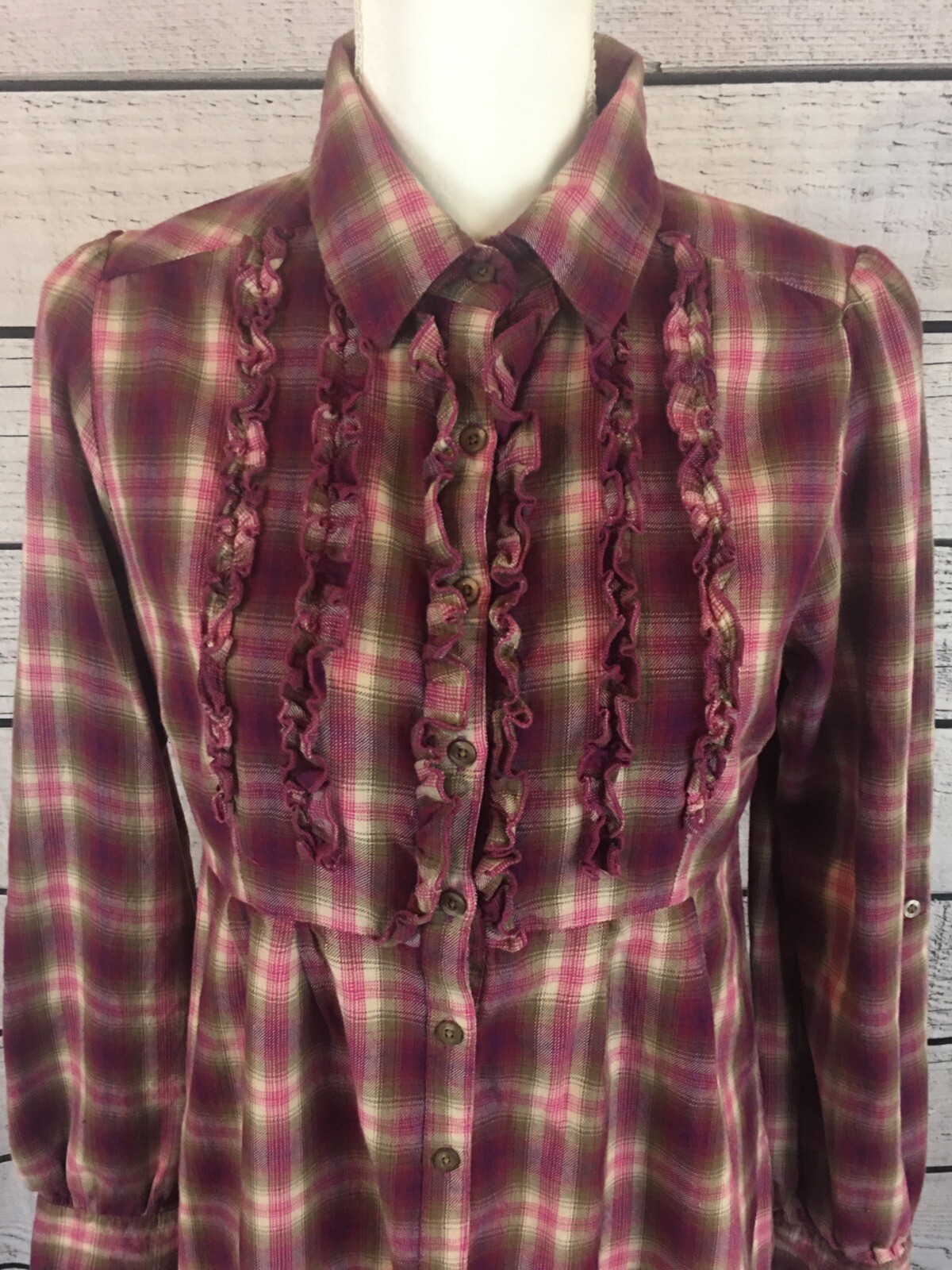 Relativity Plaid Ruffled Button Front Roll Tab Sl… - image 2