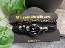 2 PC Zodiac Wood Bead PU Leather Bracelet Stackable Adjustable Tie New B3365