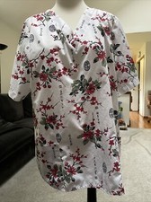 Gals Of California Scrub V Neck Top Red Flowers Size Large