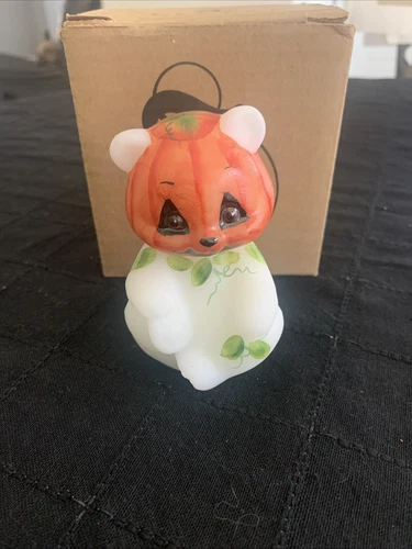 Fenton White Satin Glass Hand Painted Pumpkin Sitting Bear Figurine Halloween