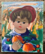 Nino GIUFFRIDA (1924) Child with Apples and Cherries Wide-eyed Children