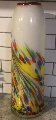 Vintage Hand Blown Murano Style Art Glass Vase Multicolor Splatter Design 14”