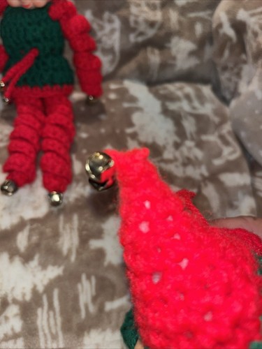 Vintage Pixie Elf Crocheted Red & Green Christmas Rubber Face 10” Tall Set Of 2 - Picture 9 of 10