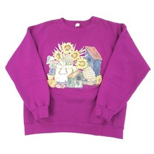 Vintage 90s Crewneck Sweatshirt Womens XL Sun Flowers Birdhouses Garden Made USA