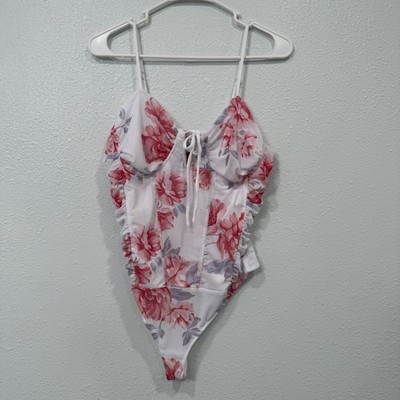 Rue21 Womens Floral Mesh Bustier Bodice Bodysuit White Pink Rose Size Large