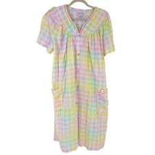 Women's 1X Pastel Gingham Button Front Robe Short Sleeve Pockets