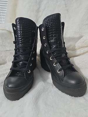 Converse Chuck 70 De Luxe Heel Hi Black Leather Crocodile Bootie Women's 7.5