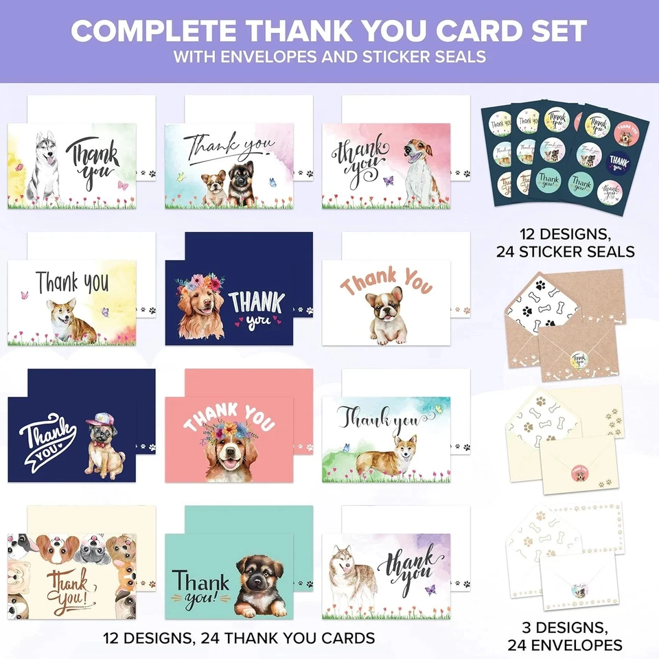 24 Pack 6X4In Dog Thank You Cards with Envelopes and Stickers, 12 Adorable Desig - Image 2 of 4