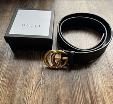 Gucci Black Leather Belt Gold GG Authentic Size 36-38