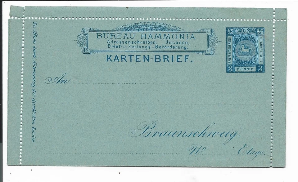 Stadtpost Braunschweig Kartenbrief Hammonia 3 Pf ungebraucht - Bild 1 von 1