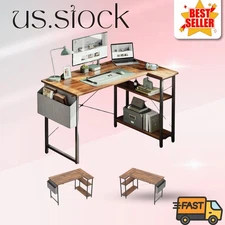 L-Shaped 40" Computer Desk with Reversible Storage Shelves, Brown