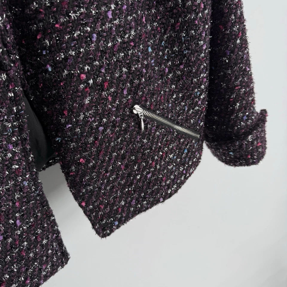 Blazer Chicos Talla 2 Ciruela Boucle Tweed Metálico Brillo Frente Abierto Mujer Grande Foto 3 de 4